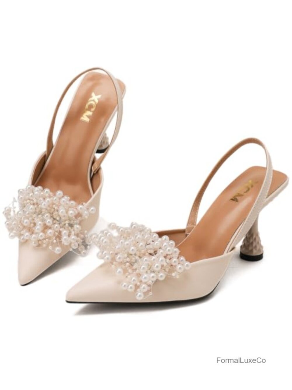 Pointed Toe Slingback Pumps Beaded Cluster Block Heel